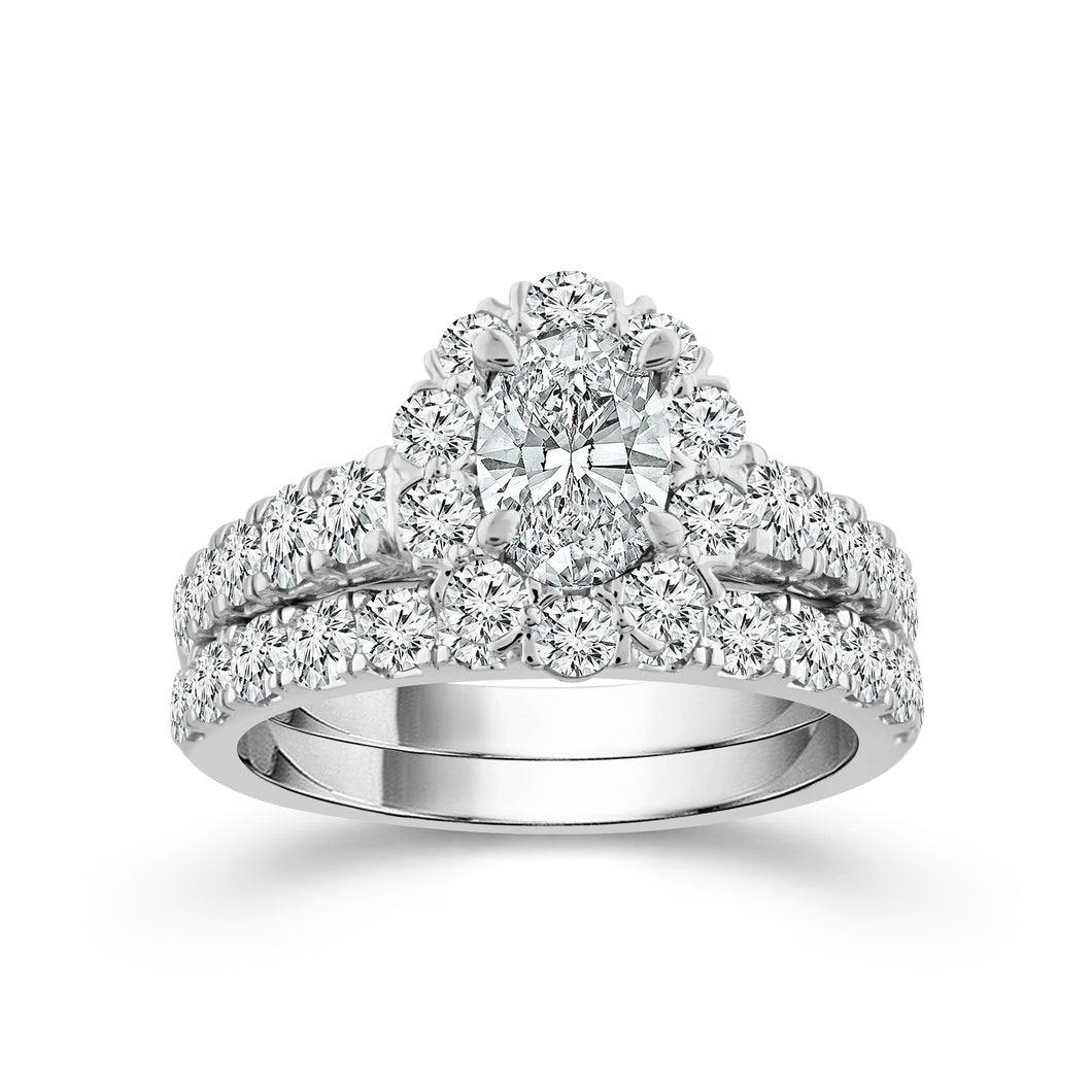 14K White Gold 2.00 CTW Oval Diamond Halo Ring and Band Set